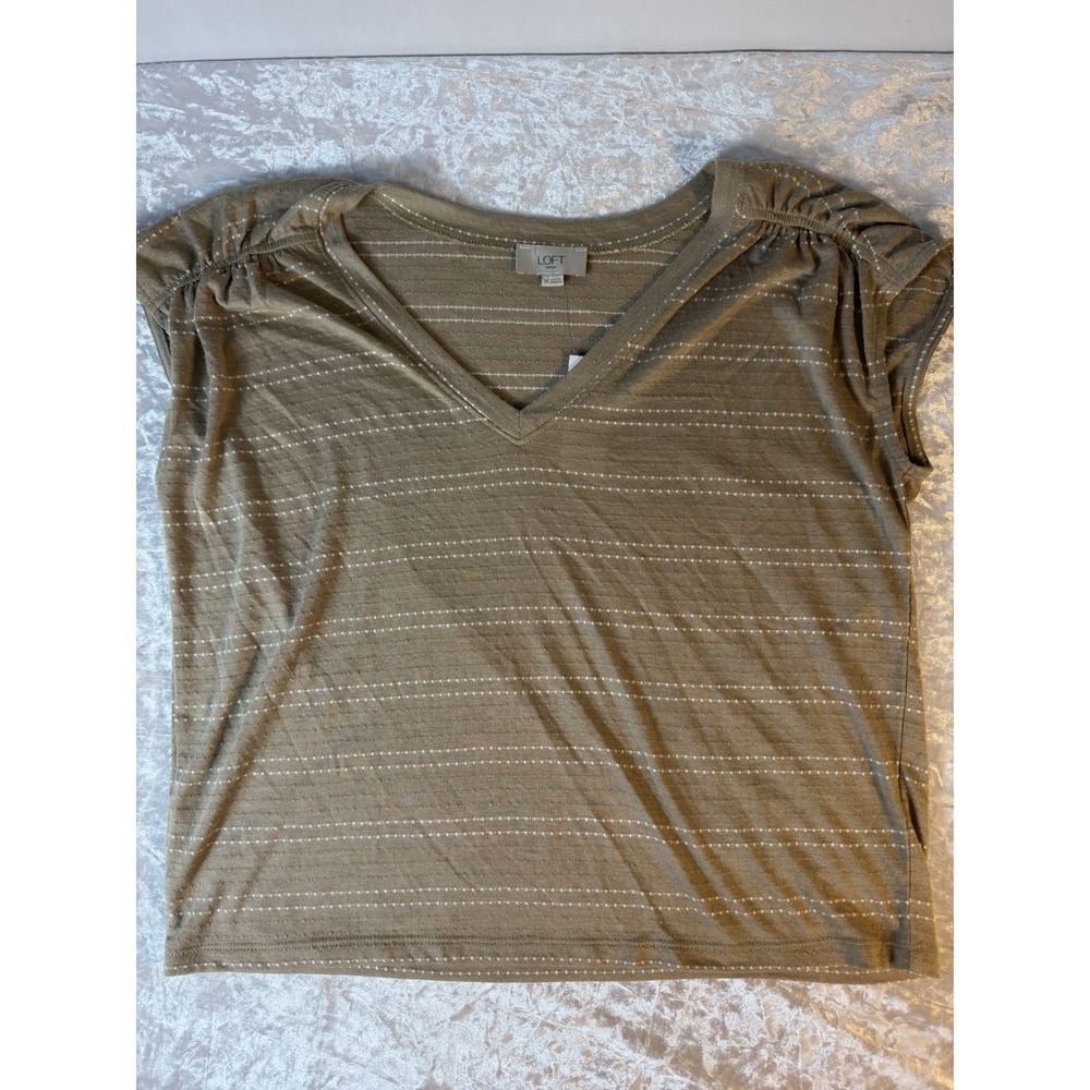 LOFT Outlet Women's XS Ruched Shoulder V Neck Striped Knit Top Beige